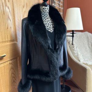 Leather Jacket with Black Fox Fur Trim